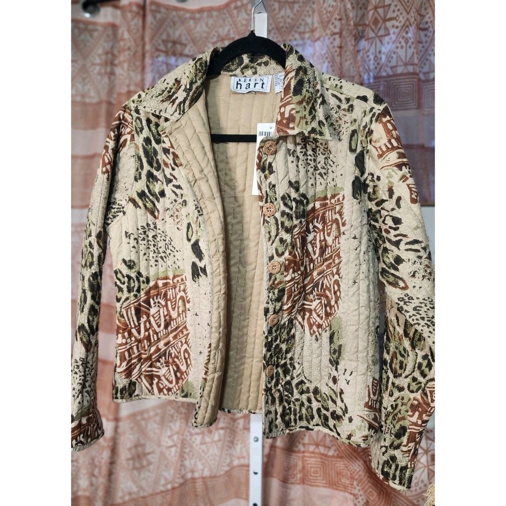 Keren Hart Quilted Animal Print Button Jacket Women's Neutral Long Sleeve Size M
